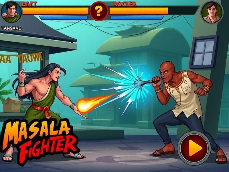 Masala Rage Fighter game screenshot showing characters fighting in an Indian market